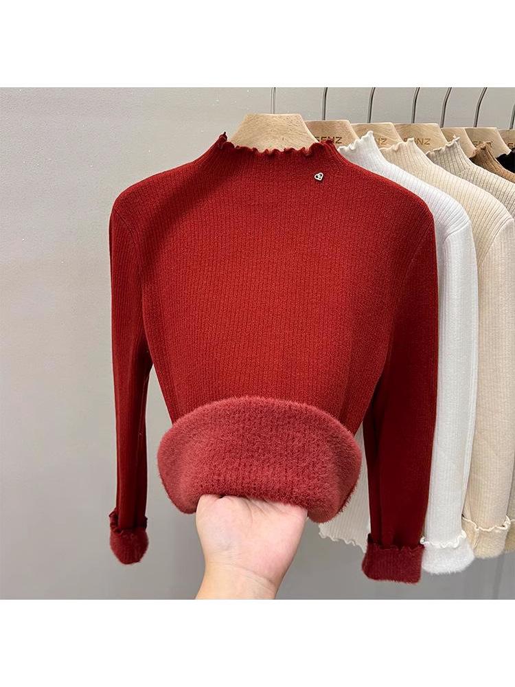 Women's Velvet Half-High Collar Sweater: Solid Color, Warm, Slim-Fit, Autumn/Winter Style, Simple & Soft Knitted Base Layer.