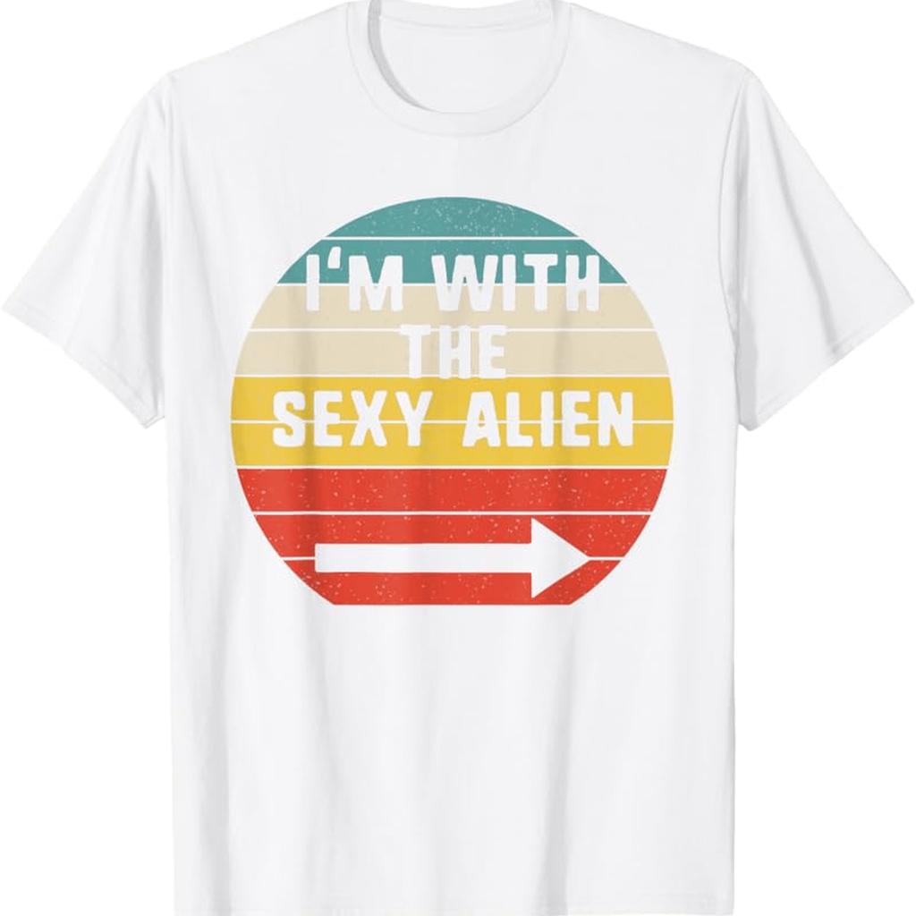 MenS Retro 80s Alien Graphic TShirt Im with The Sexy Alien Vintage TV Show Design Matching Couple Costume Short Sleeve