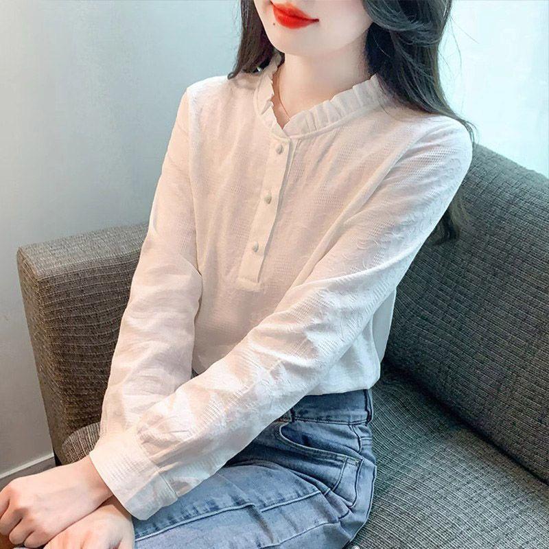 

Жаккардовая женская рубашка из чистого хлопка с воротником-лотосом, универсальная весенняя базовая рубашка с длинными рукавами 2XL белый