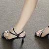 Fashion Sandals for women with a niche design new black open toe rhinestone buckle with slim heels summer high heels
