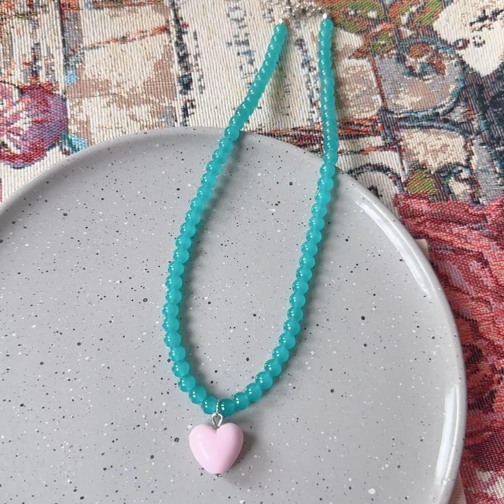 Candy Color Dopamine Heart Pendant Necklace Glass Beaded Beads Neck Chain Choker Necklace  For Girl