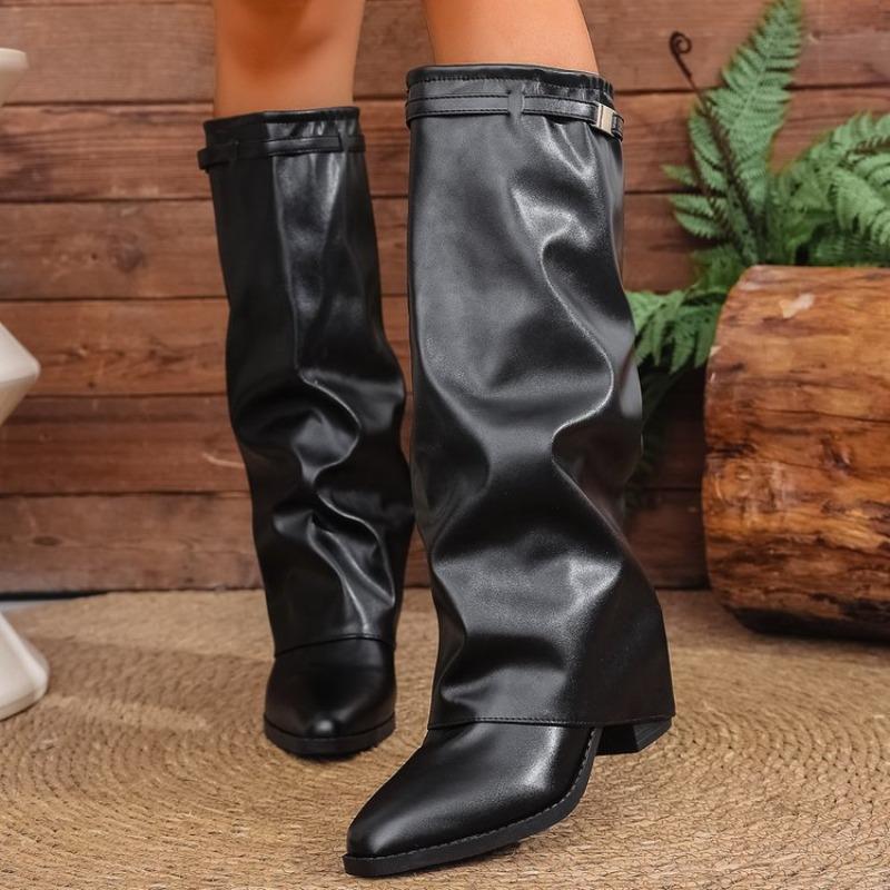 Women's Pointed Toe Knee-High Riding Boots, Metal Accent Tall Black Boots, Fashion Fall Winter Shoes