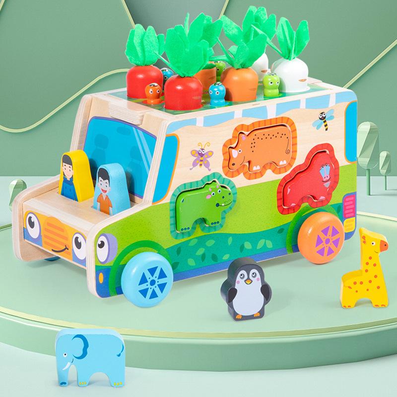 Wood Multi-Functional Children'S Educational Fruit Animal Shape Building Block Pulling Radish Pairing Farm Intelligence Car Toy
