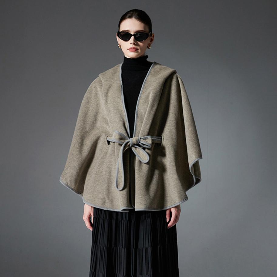 Damen Doppelseitiger Wollähnlicher Kapuzen-Cape-Schal, Poncho-Wickelmantel mit Schleifenband, 143×123cm Dicke Warme Oberbekleidung für Herbst Winter