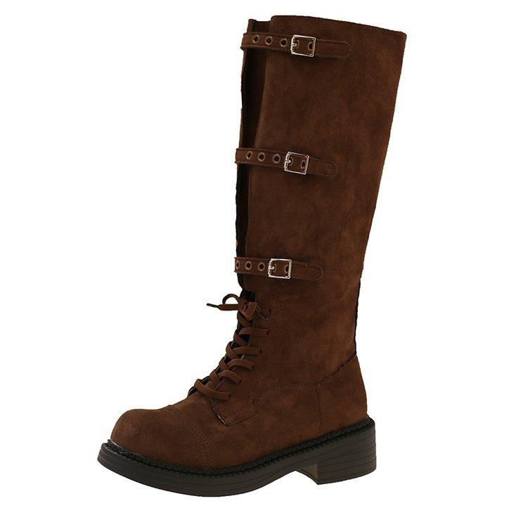 Cowhide version! Miu long boots women's 2025 new strap high knight boots square head buckle but knee boots