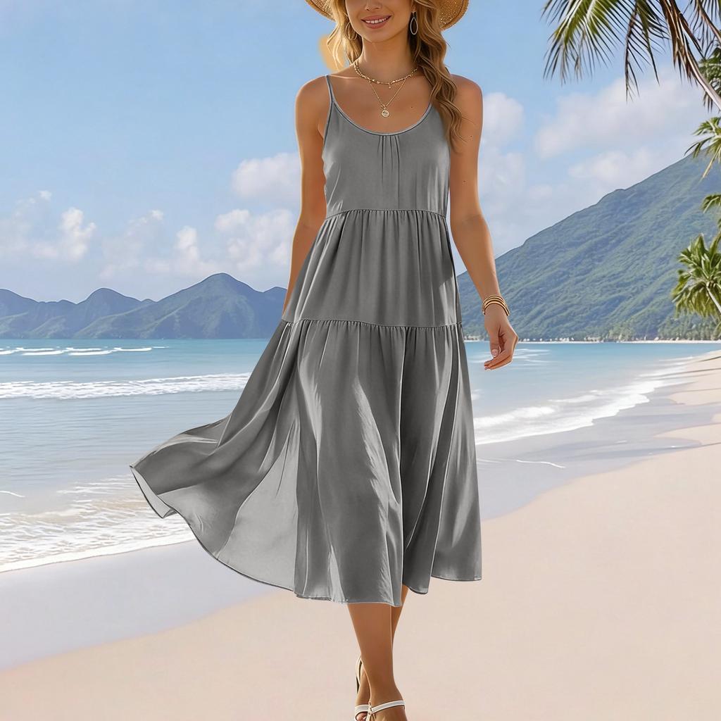 Zomerjurk voor dames, mouwloos, met verstelbare bandjes, bohemien, midi, met zakken, voor strandvakantie, casual kleding