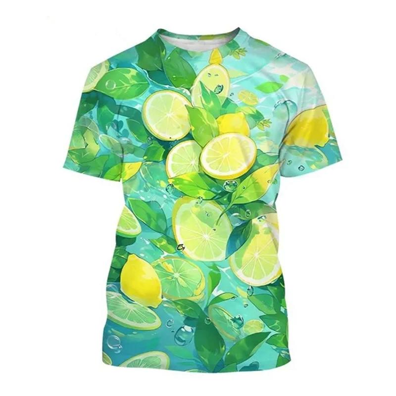 Summer Round Neck 3D Fruit Lemon Pattern Print Top Fashionable Casual Short Sleeved Men's and Women's Unisex T-shirts