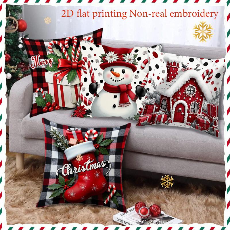 Christmas Pillows 2D Flat Printing Non Real Embroidery Polyester Pillowcase, Sofa Decorative Cushion Cov Headboard Pillow