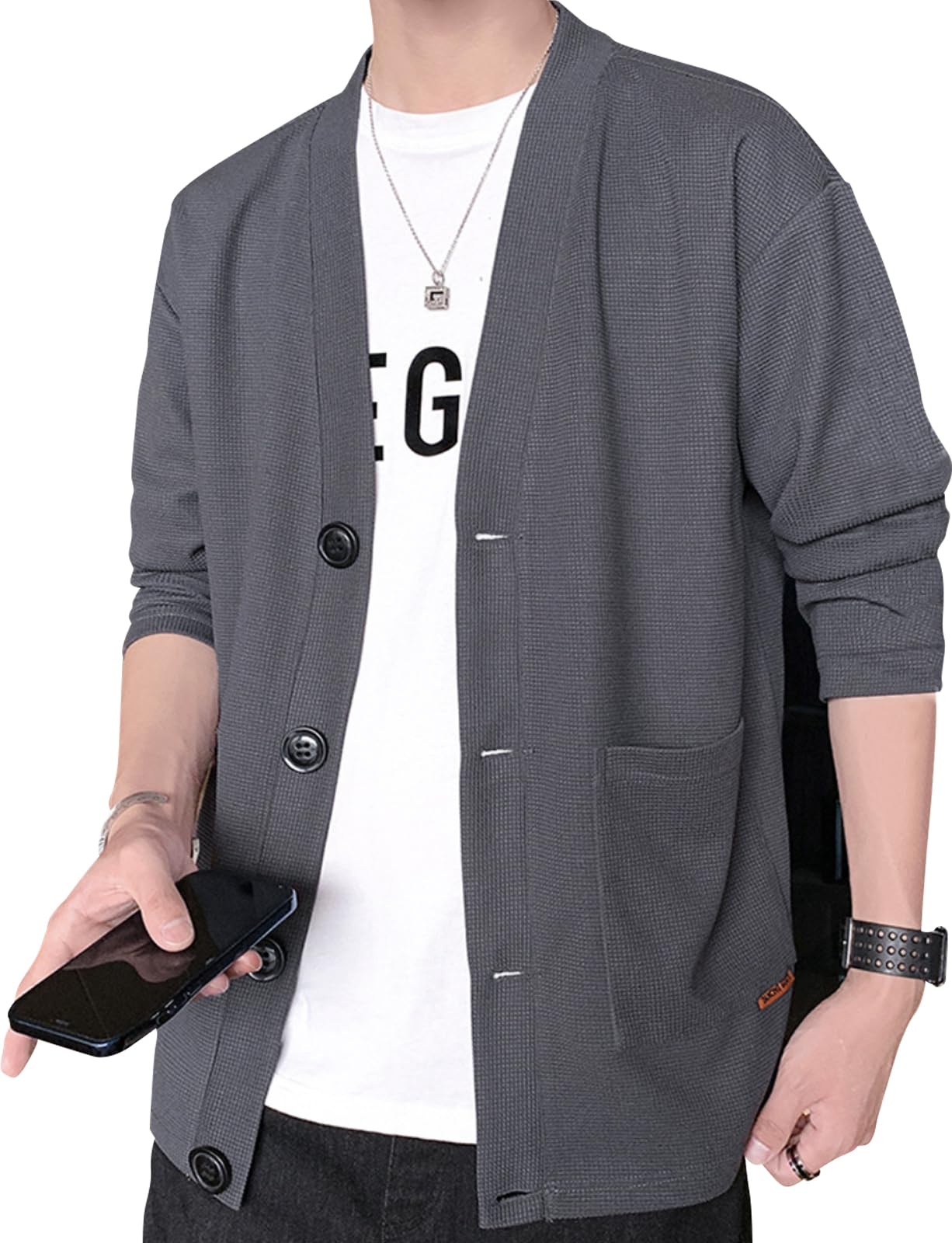 

Airby Cardigan Loose Solid Long American Waffle Harajuku Perfect for and as Open Dark Men s Jacket, Fit, Color, V-Neck, Sleeve, Spring, Summer,