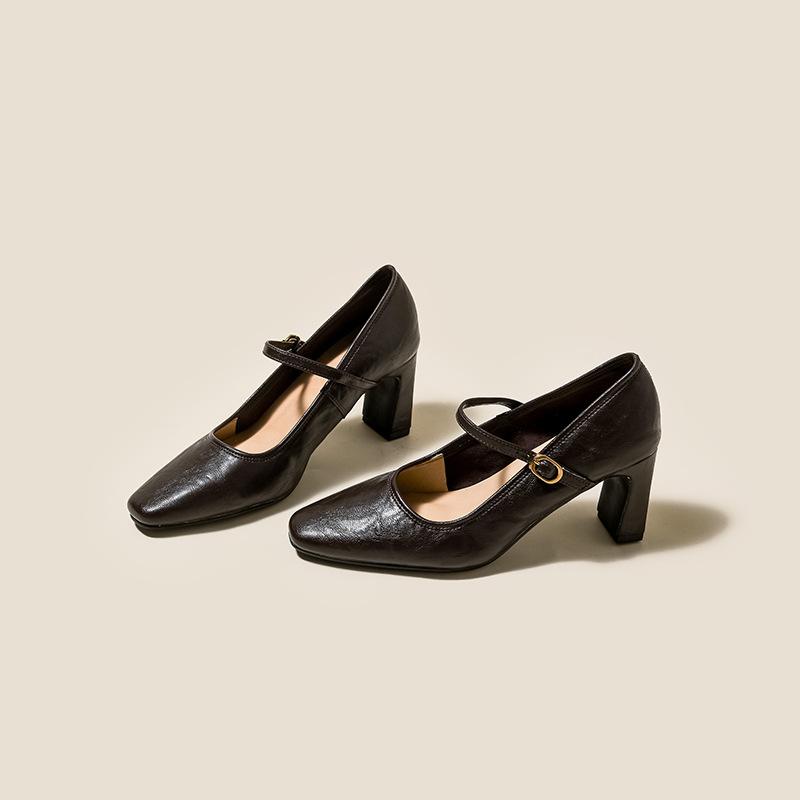 

Весна новые туфли на высоком каблуке мягкая подошва 2025 лето ретро толстый каблук с туфлями Мэри Джейн женские французские кожаные туфли 35 темно-коричневого