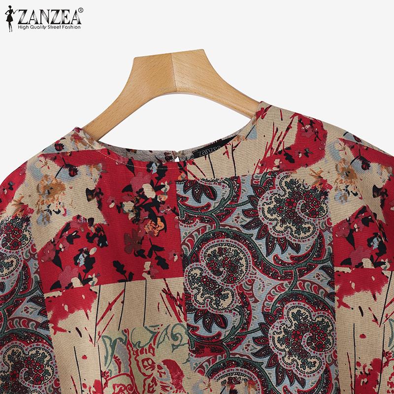 ZANZEA Blusa casual de algodón con cuello redondo y manga dolman con estampado étnico para mujer