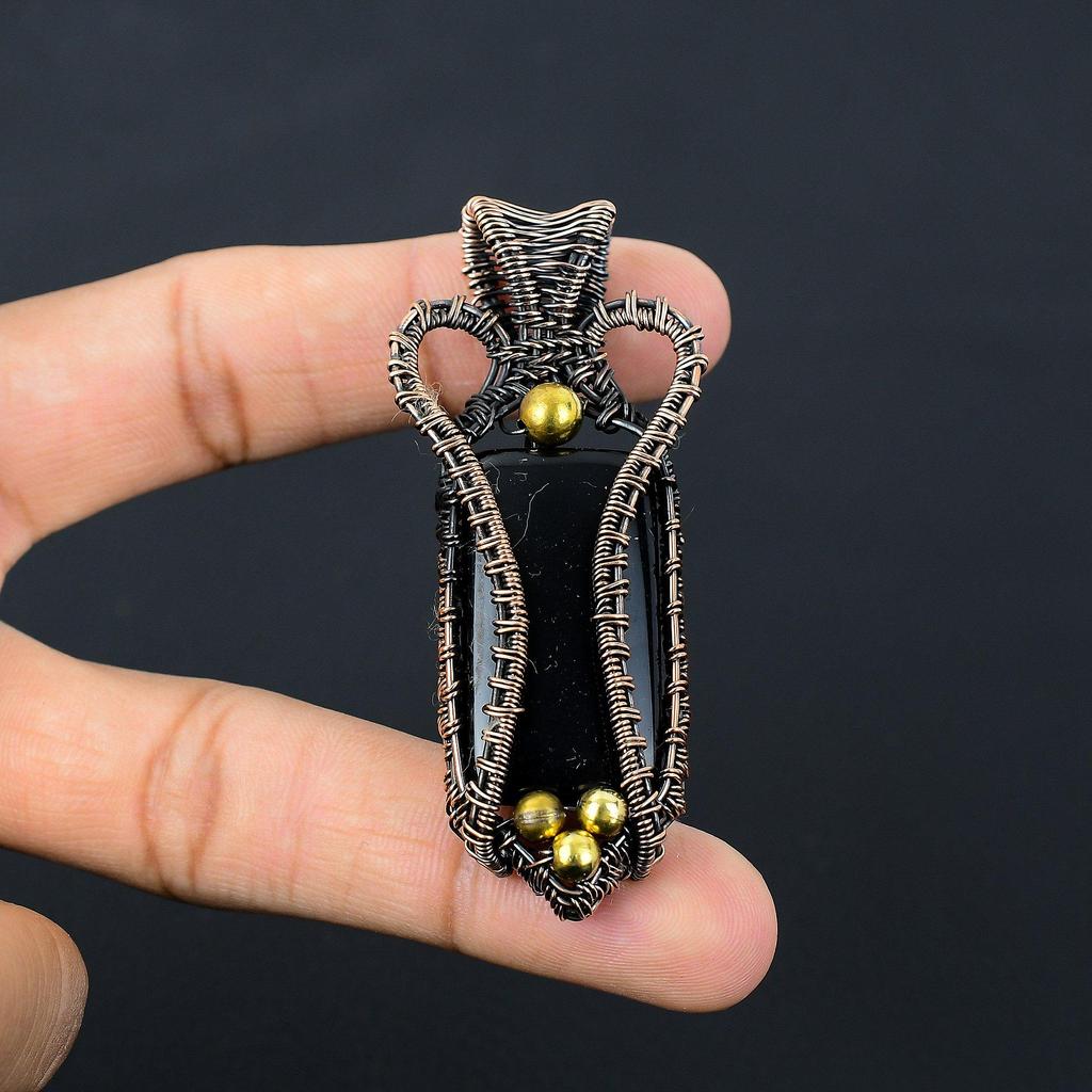 Black Onyx Gemstone Pure Copper Wire Wrapped Handmade Jewelry Pendant For Gift