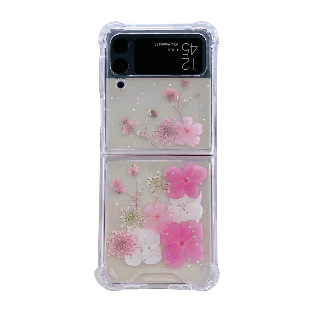 Real Dried Flower Sequins Glitter Phone Case For Samsung Z Flip 3 4 5 6 Case For Galaxy Fold 4 5 6 Soft Shockproof Cover