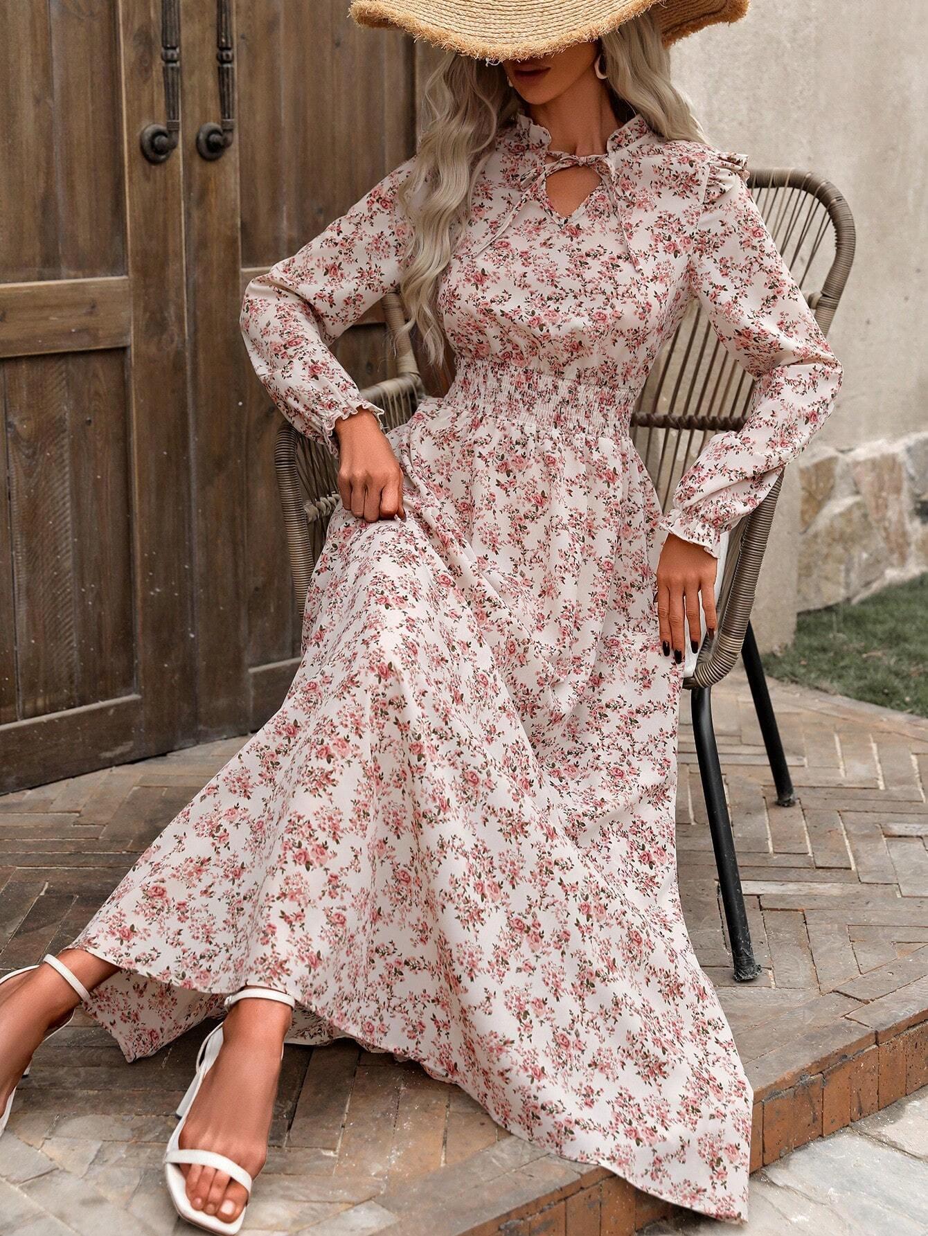 2025 Hot-Selling European & American Floral Long-Sleeve Dress M