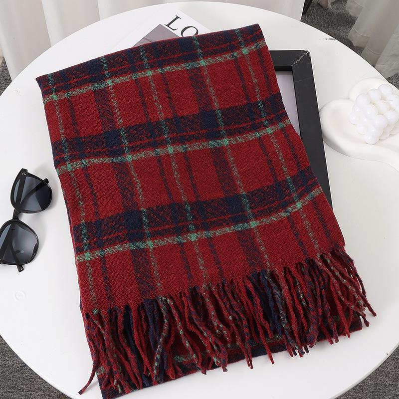 Women's Red Plaid Cashmere-Like Scarf Shawl - Warm, Versatile, Fashionable for Autumn and Winter