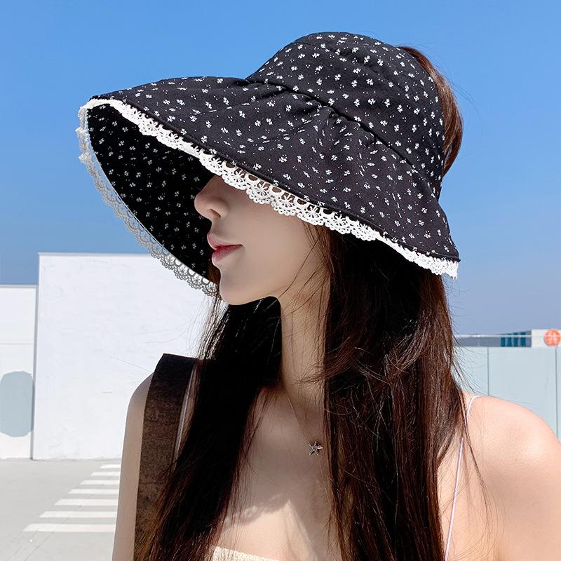 Floral lace bucket hat spring and summer retro versatile foldable pot hat Internet celebrity fashion show face small empty top hat children