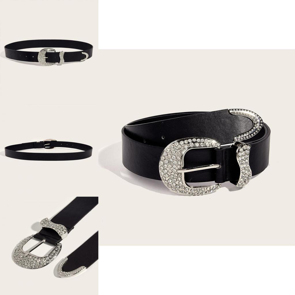 Black Vintage Decorative Rhinestone Belt Woman's Retro Style Alloy Buckle Personality Belt