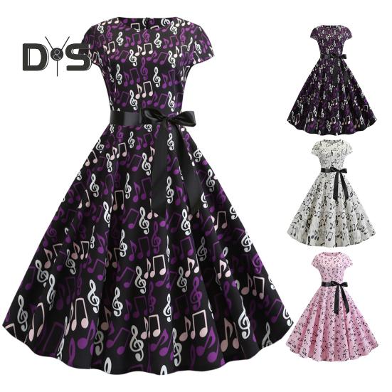Damenkleid mit Musikskalen-Print, Rundhalsausschnitt, Schleife, Gürtel, enge Taille, A-Linie, großer Saum, bunt, kurze Ärmel, Reißverschluss auf der Rückseite, Midikleid für Damen