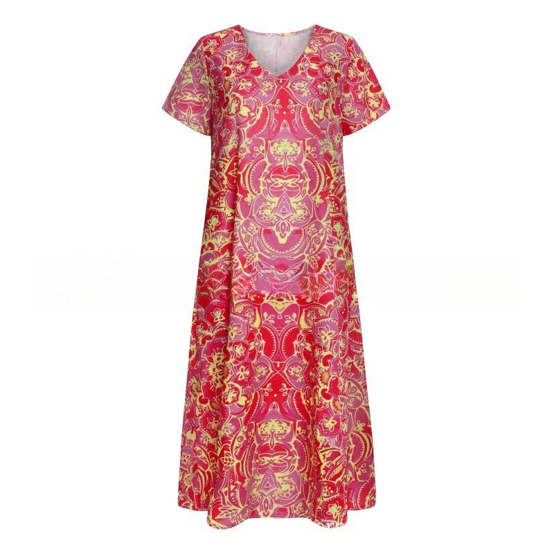 GMXIA Kobieca modna sukienka maxi z kwiatowym wzorem, dekoltem w serek i krótkim rękawem