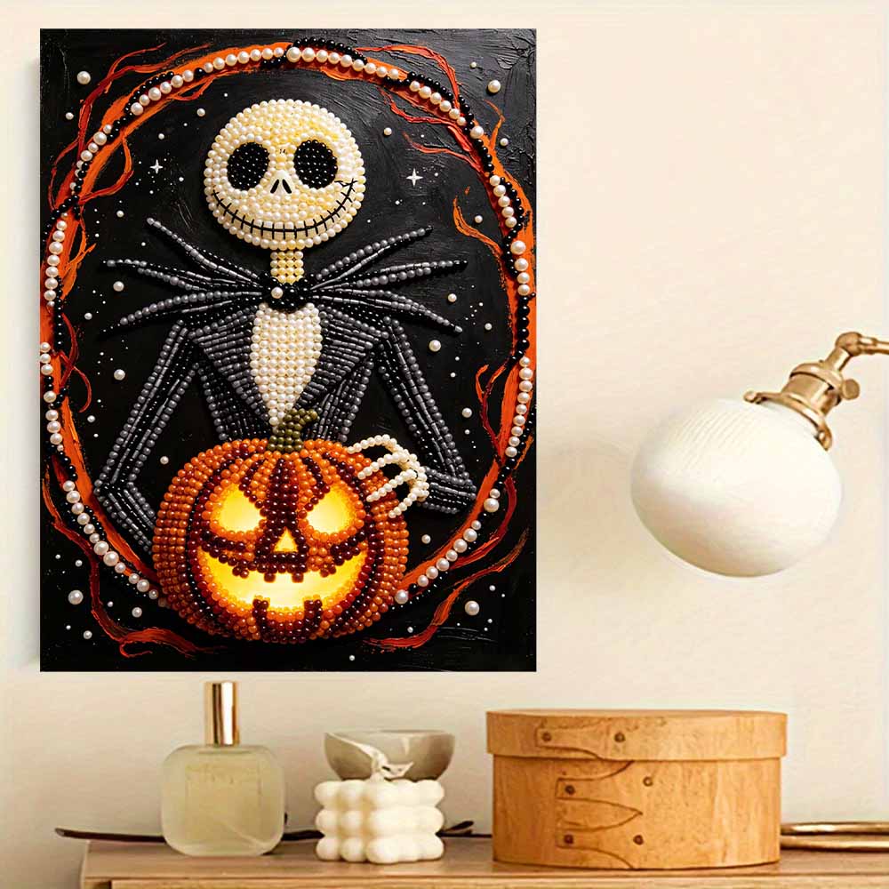 Frameless Pearl Bead Painting Kit Halloween Skeleton Pumpkin Character Design DIY Handmade Craft Canvas for Home Wall Decor Art