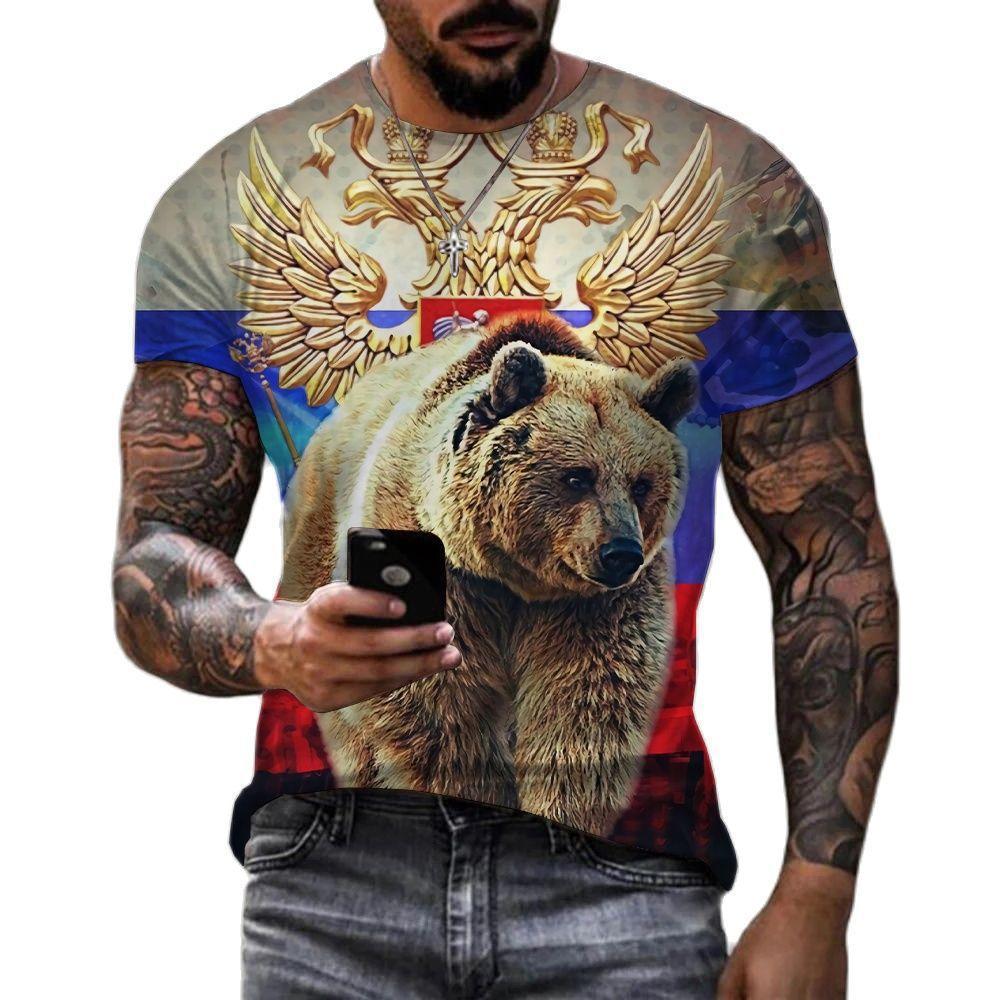 Summer Round Neck 3D Russian Bear Print Top Fashionable Casual Short Sleeved Men's T-shirts