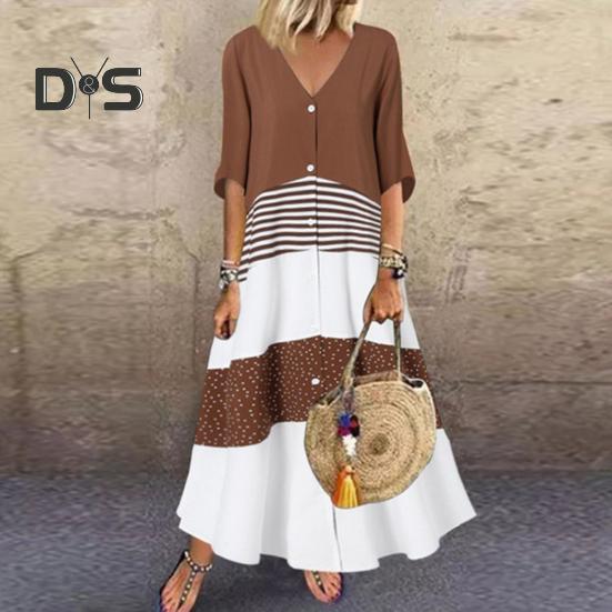Summer Maxi Dress Contrast Color Maxi Dress Striped Single-breasted A-line Big Swing Short Sleeve Patchwork Dress