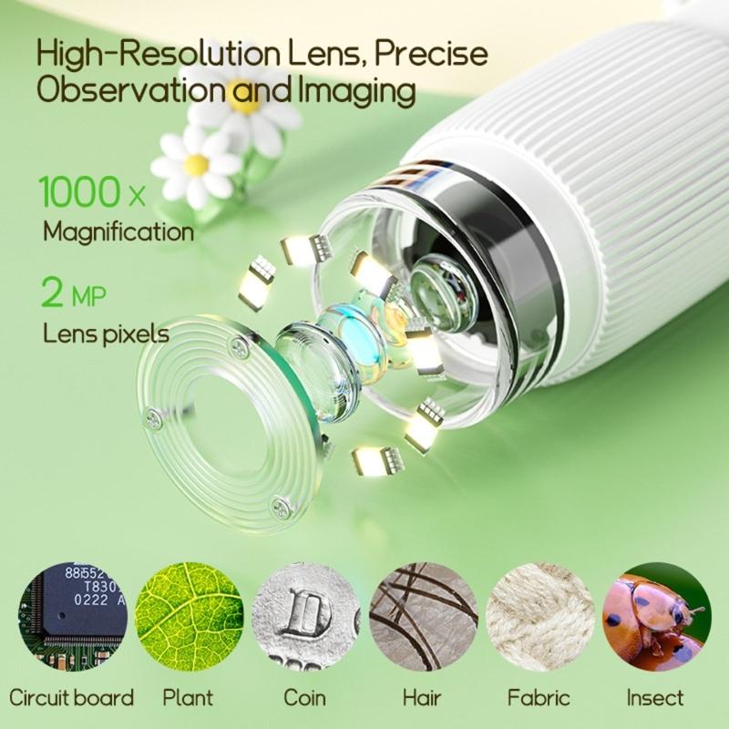 1000X Children Educational Microscope with LED Light USB Rechargeable Power and Built In Camera Video Function Portable