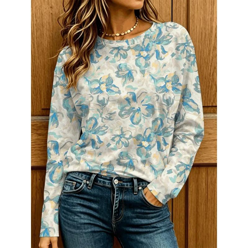 Women's Autumn and Winter 3D Printed Crew Neck Long Sleeve T-Shirt