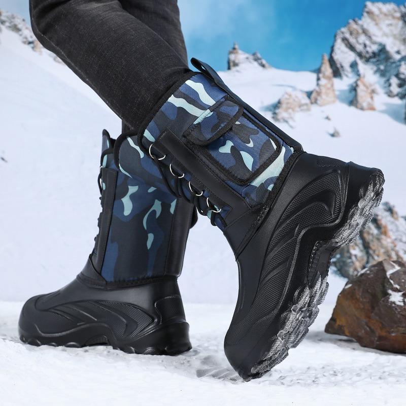 Herren Tarnung Mittelhohe Schneestiefel, Schnürung Dicke Sohle Fleecegefüttert Warm Outdoor Arbeit Baumwollschuhe