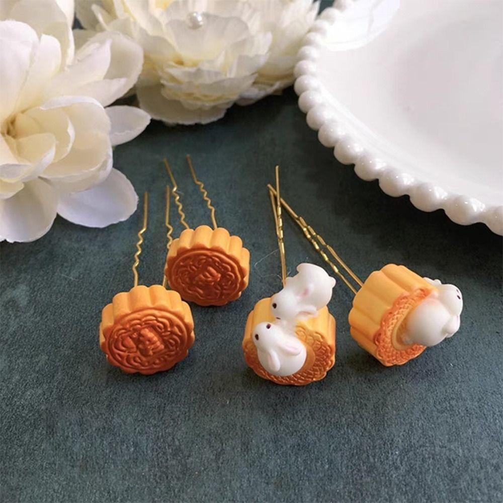 

Temperament Mooncake Hair Clip Set Elegant Rabbit Hairpin Fashion U-shaped Hair Stick Girls 4pcs/set