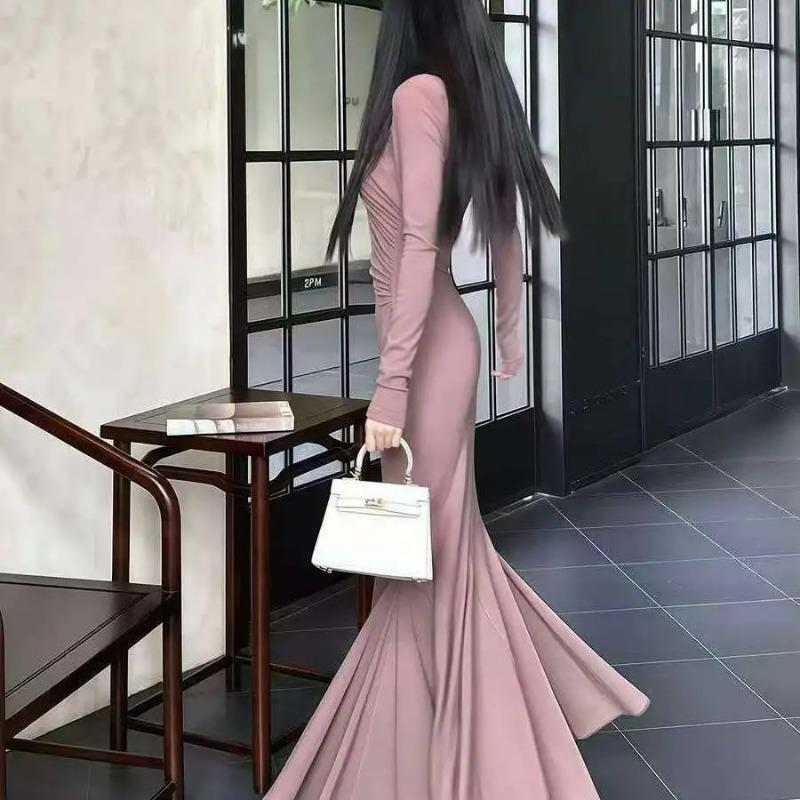 Spring Women's Burgundy Turtleneck Mermaid Maxi Dress Long Sleeve Bodycon Formal Evening Gown