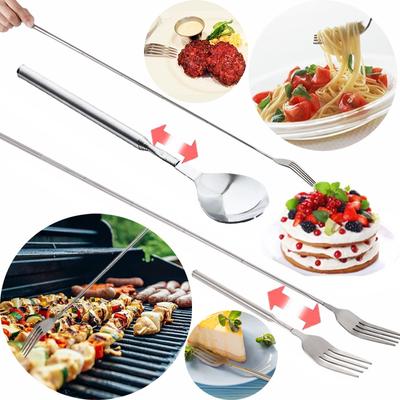 Stainless Steel Fork BBQ Telescopic Extendable Dinner Fruit Dessert Long Handle Fork Tool Adjustable Spoon Bento BBQ Accessories