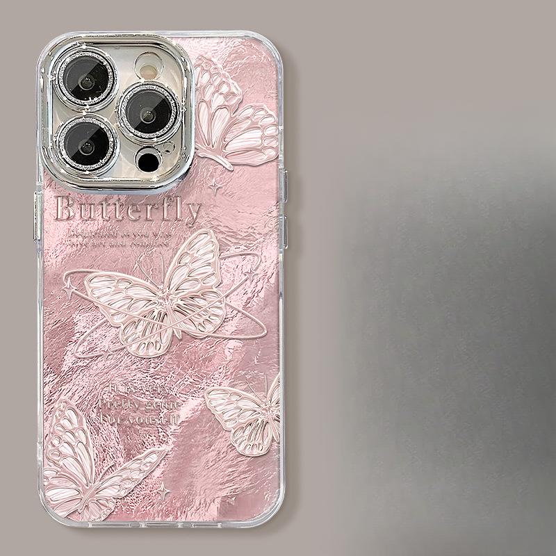 

Элегантная розовая цепочка-подставка с бабочкой подходит для iPhone 15, чехол для телефона 14PRO с текстурой фольги, защитная пленка для объектива 13, противоударный X Redmi K50/K50 Pro