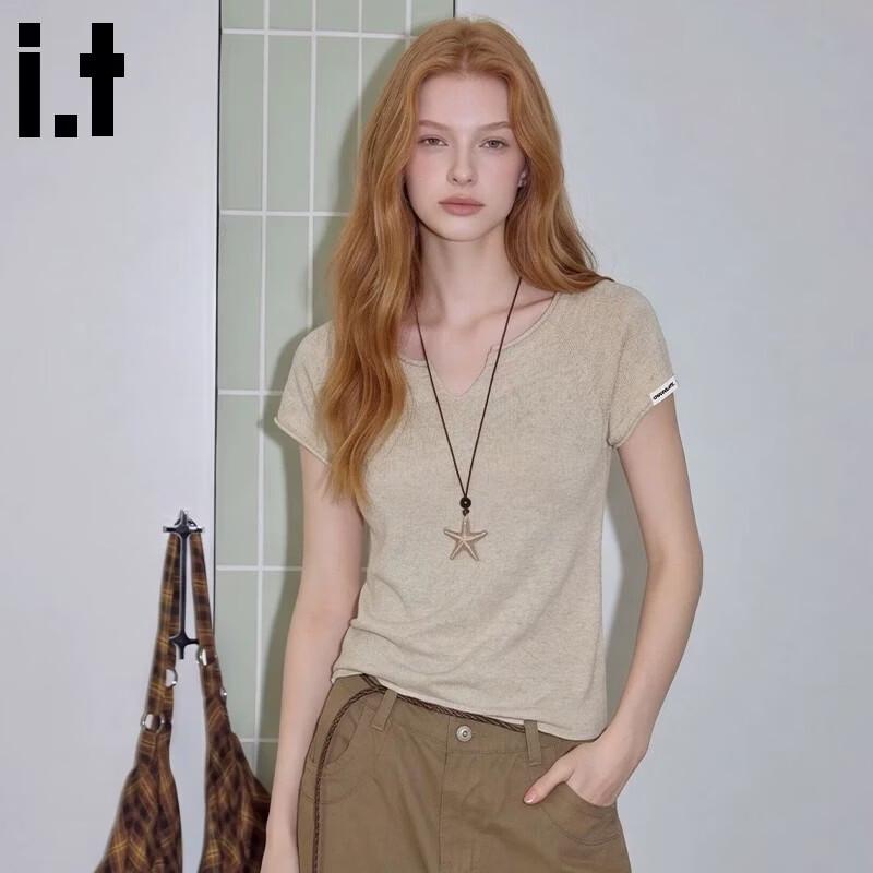 CHOCOOLATEit Women's Lyocell Linen Knit V-Neck T-Shirt