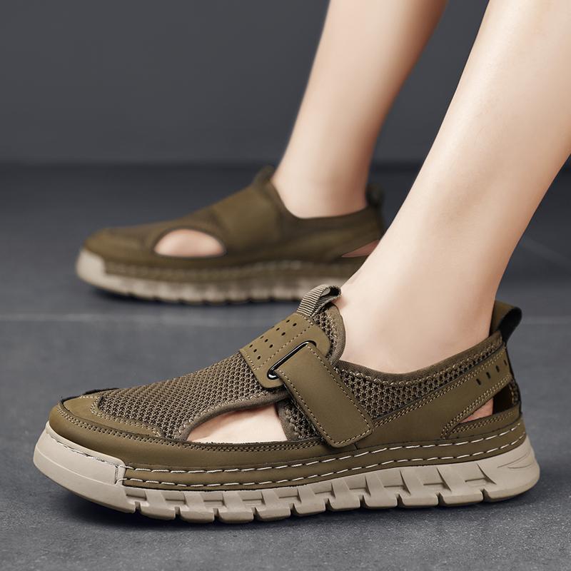 Fashion Senior Men Hand Sewn Thread Sandals Male Leather Mesh Stitching Summer Men Beach Sandals Fashion Outdoor Casual Sneakers Sandals