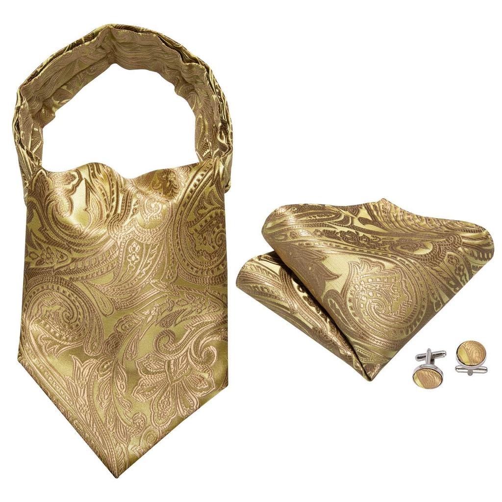 Barry.Wang Ascot Stropdas Cravat Nekdas Heren Paisley Geruit Sjaal Zelfstrik Zakdoekje Manchetknopen Set Bruiloft Feest, B Gouden Paisley, Eén Maat