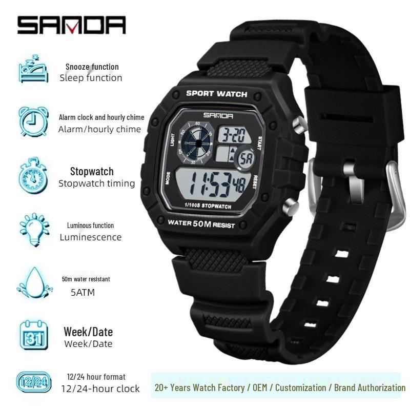 Sanda Multifunktionale Leuchtende Wasserdichte Unisex Quadratische Elektronische Uhr