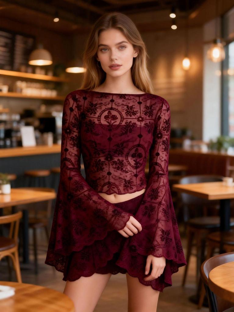 Elegantní top se zvonovými rukávy a krajkovým lemem - Evropský & Americký styl