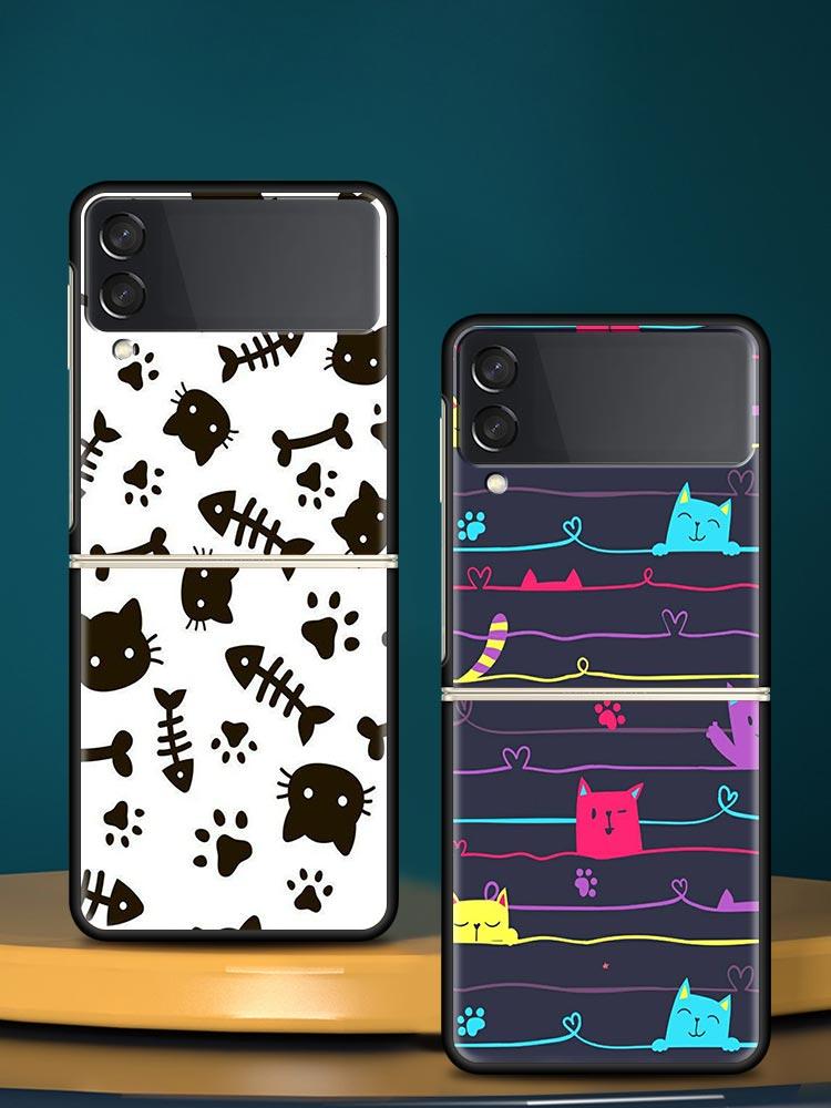 Abstract Creative Cute Cat Line Pattern Hard PC Phone Case For Samsung Galaxy Z Flip 7 6 5 4 Black Cover For Galaxy Z Flip 3 Bag