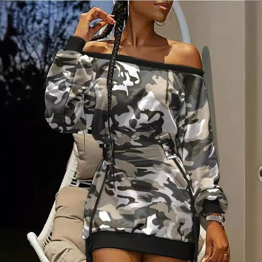 FiveFive Frühling und Herbst Rundhals Batikdruck Langarm Locker geschnittenes Kleid Taille Kordelzug Verstellbar