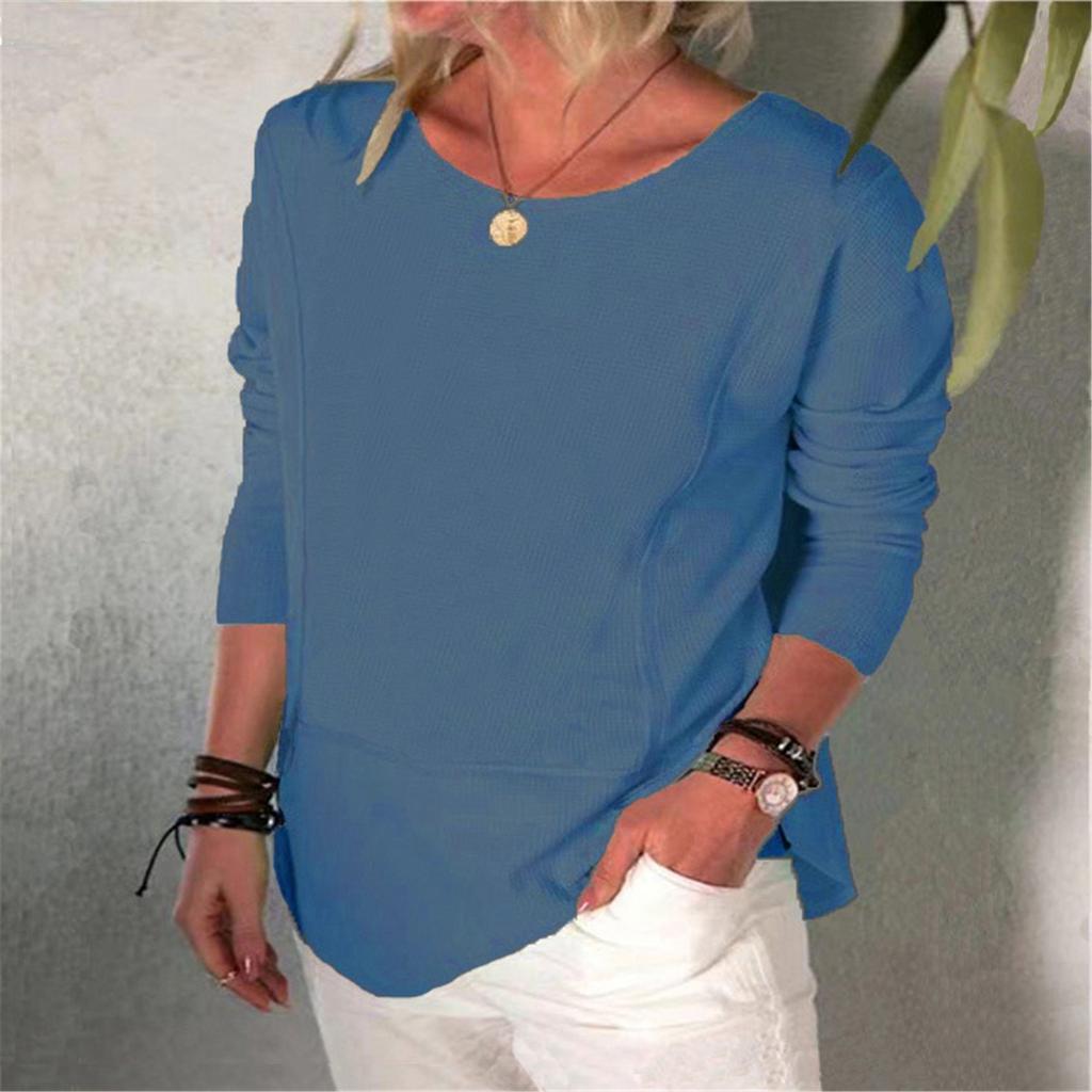Fashion Women's Casual Solid Color Round Neck Long Sleeve Loose T Shirt Tops