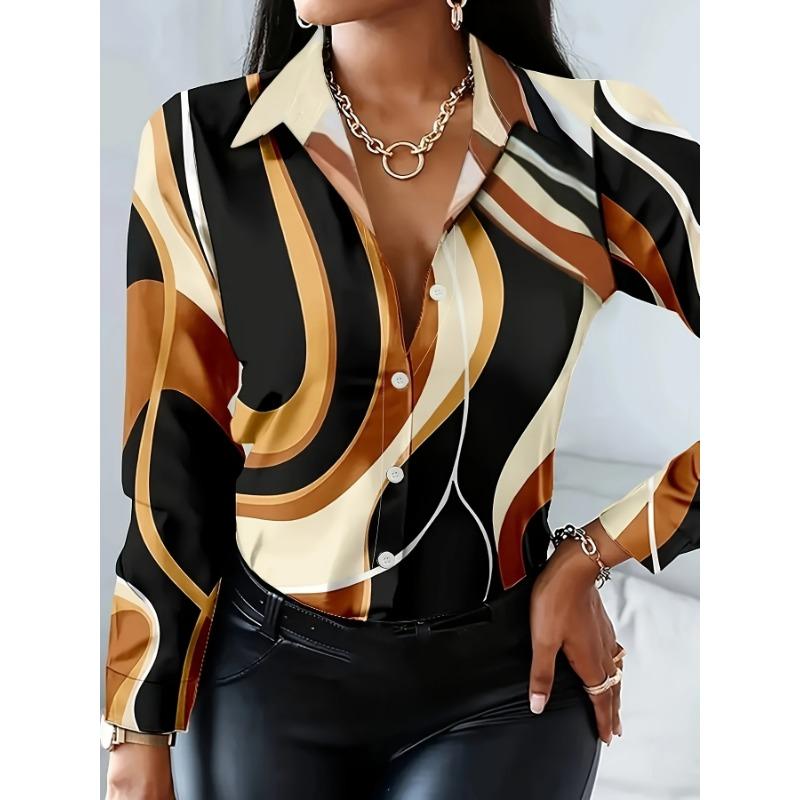 Women's Abstract Oil Painting Print Blouse Long Sleeve Button-Front Shirt