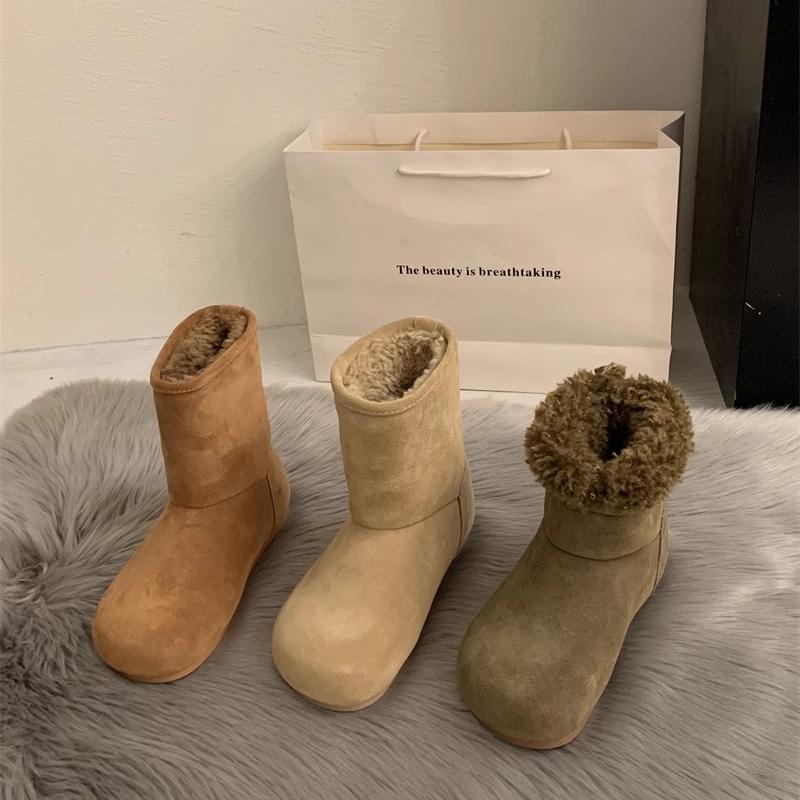 Cowhide version~ big head ugly cute velvet snow boots flat-bottomed fluffy boots women's Birkenstocks thermal cotton shoes retro short boots