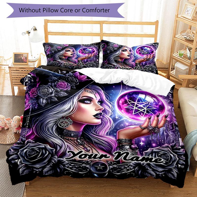 3PC Custom Name Witchcraft Magic Bedding Set Printed Bedding Set Duvet Cover Closure Includes 1 Duvet Cover & 2 Pillowcases for All Seasons Bedroom