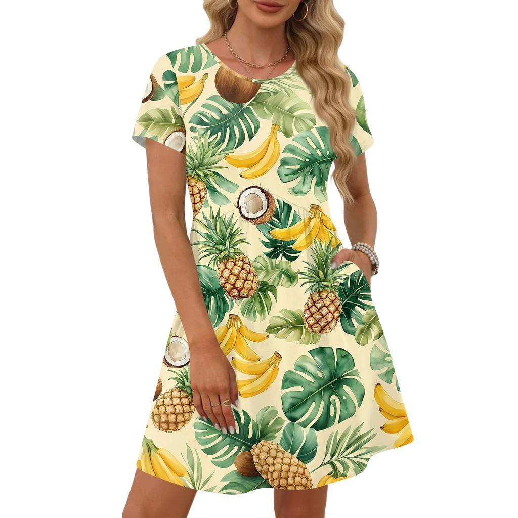 Dresses For Women Short Sleeve Print Round Neck Casual Dresses Waist Dress With Pockets