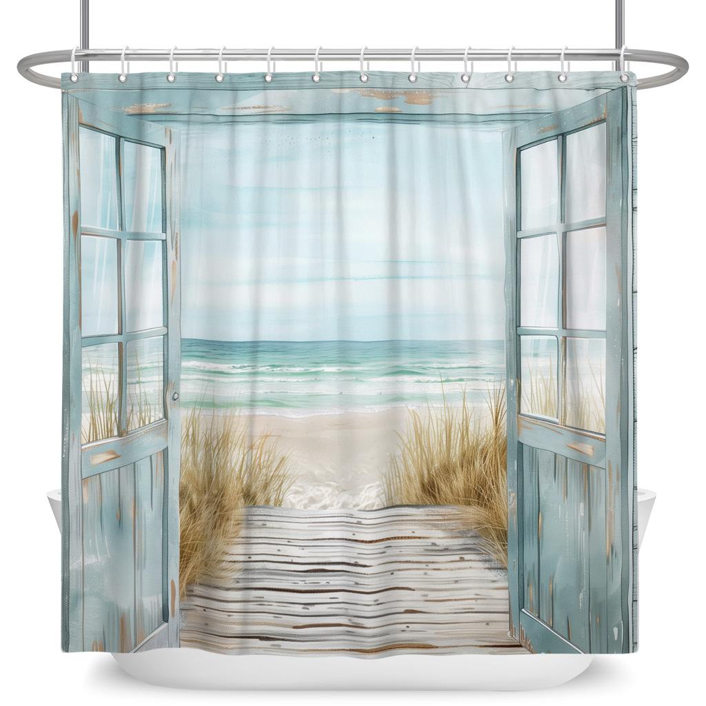 Coastal Vacation Shower Curtain Beach View Door Waterproof Bath Curtain For Bathroom Decor Palm Sailboat Polyester With Hooks
