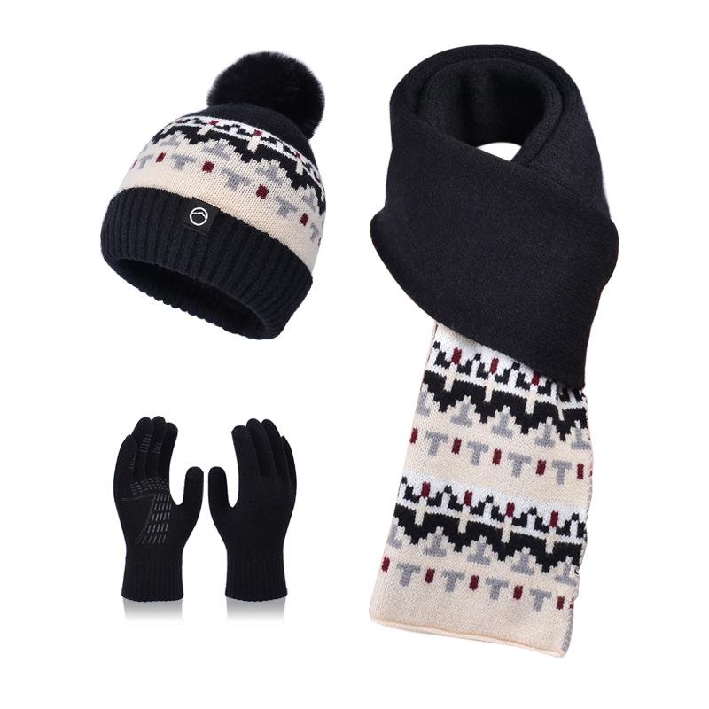 Winter hat, scarf, three-piece set, women's velvet ear protection, cold protection and warmth, pullover hat, outdoor fashion knitted wool hat.