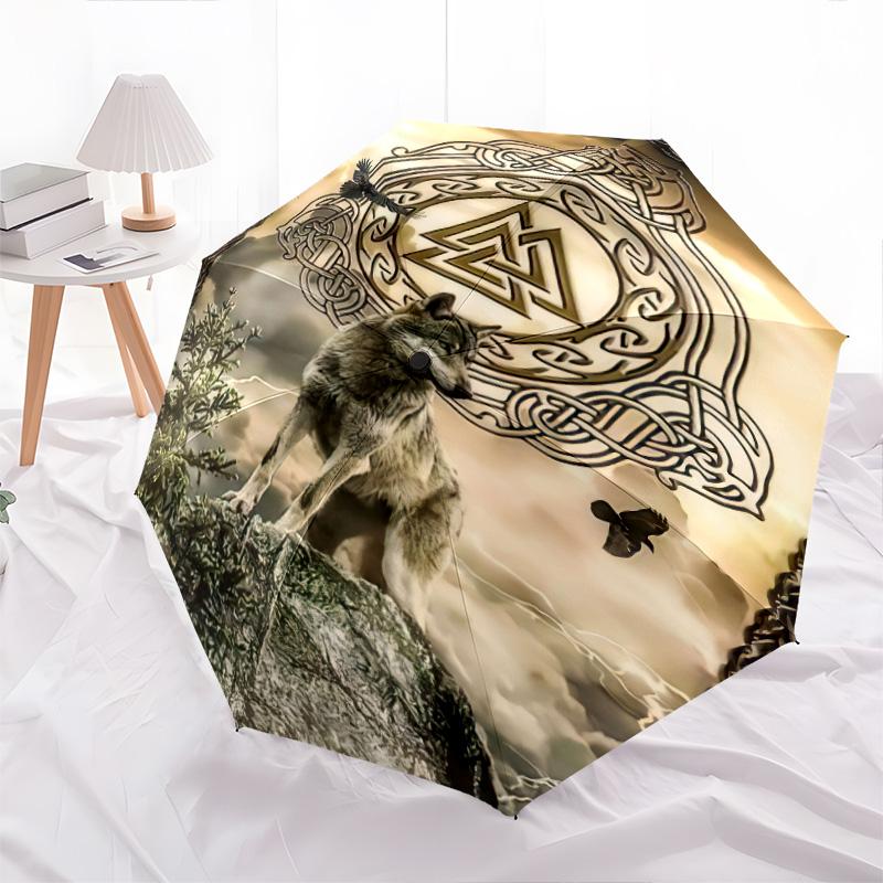 1 Stück Wolfsmuster Regenschirm Tragbarer Faltregenschirm Eisenrahmen Lochknochenstruktur Outdoor Heimregenschirm