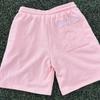European and American Pink Embroidered Elastic Drawstring Casual Straight Leg Loose Shorts