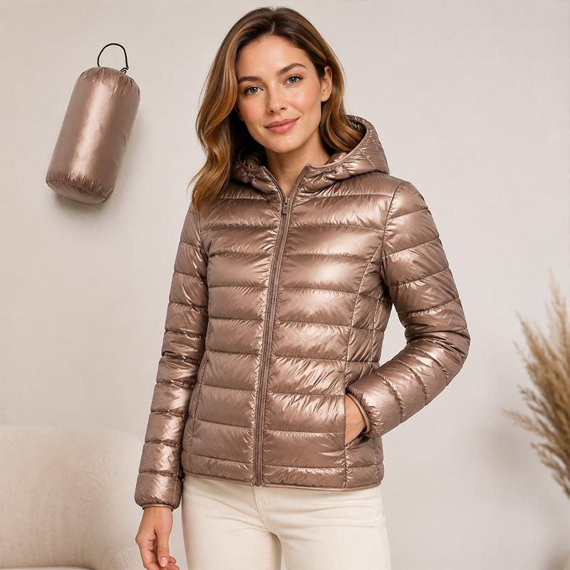 Women's Down Coats - Women Ultralight Packable Hooded Puffer Jacket, Solid Color Full Zip Quilted Short Coat with Storage Bag, Windproof Lightweight